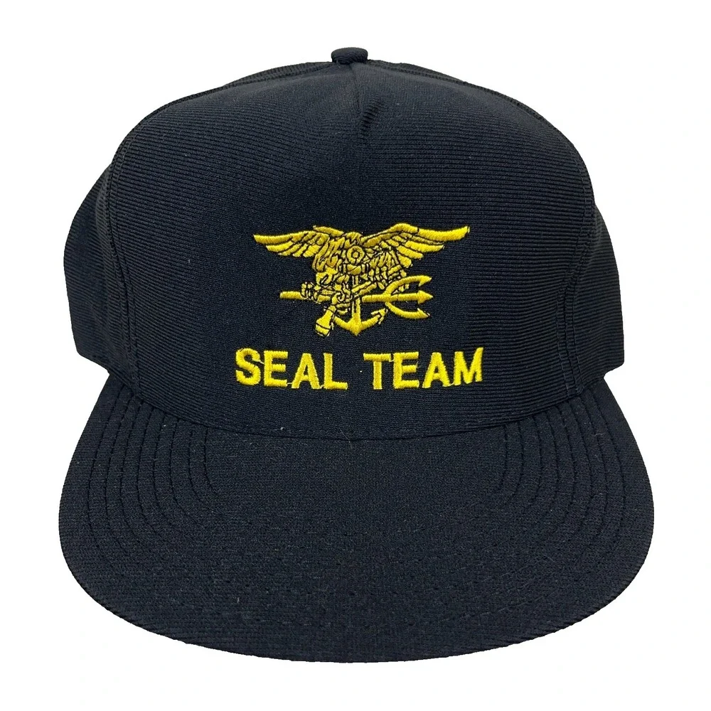 Vintage US Navy SEAL Team Hat Cap Snapback Made In USA Black Yellow Military 90s